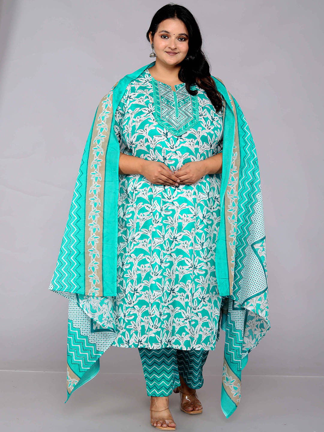 

KALINI Floral Printed Regular Thread Work Pure Cotton Kurta With Trouser With Dupatta, Green