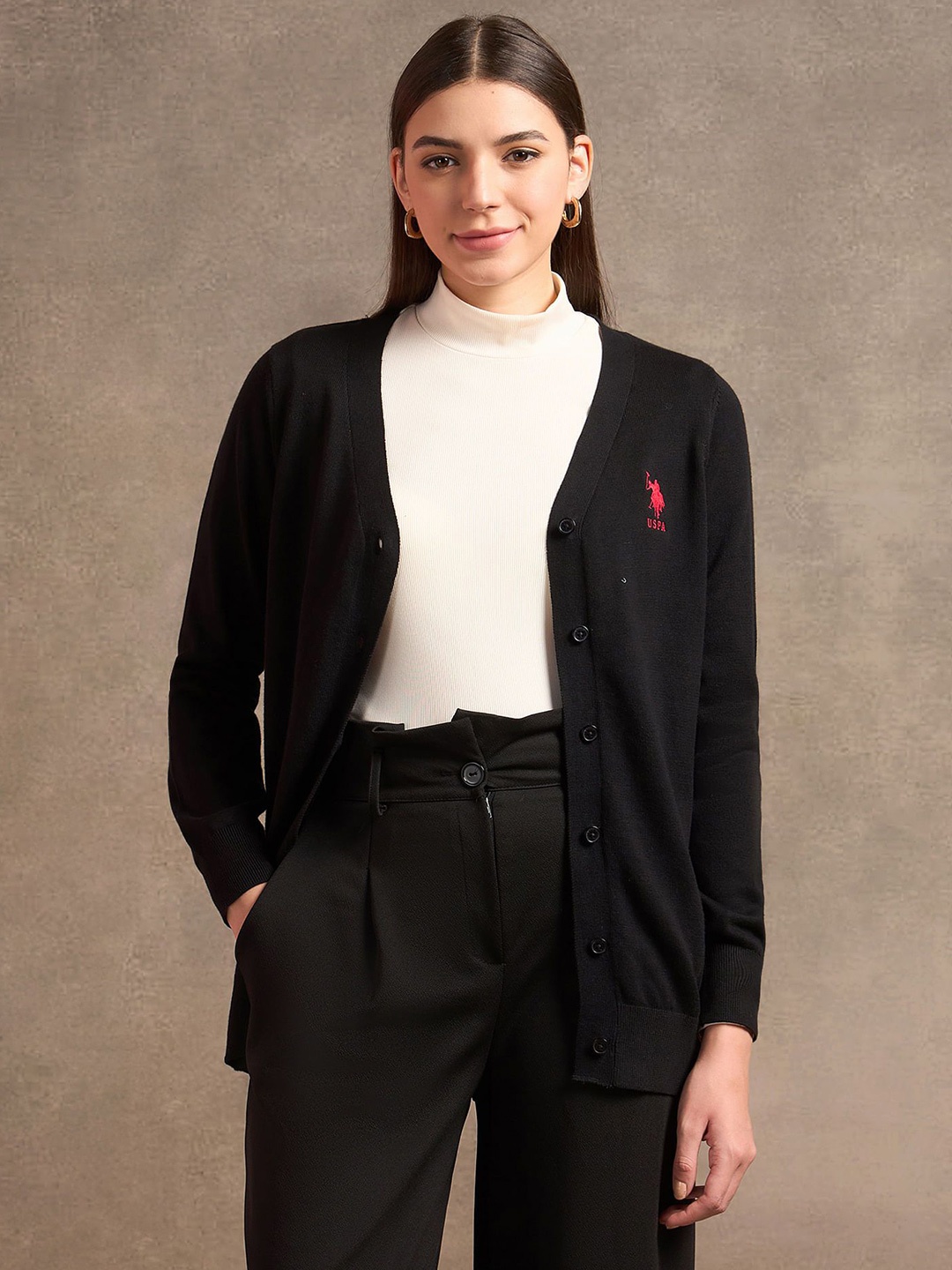 

U.S. Polo Assn. Women Front-Open Cotton Sweater, Black