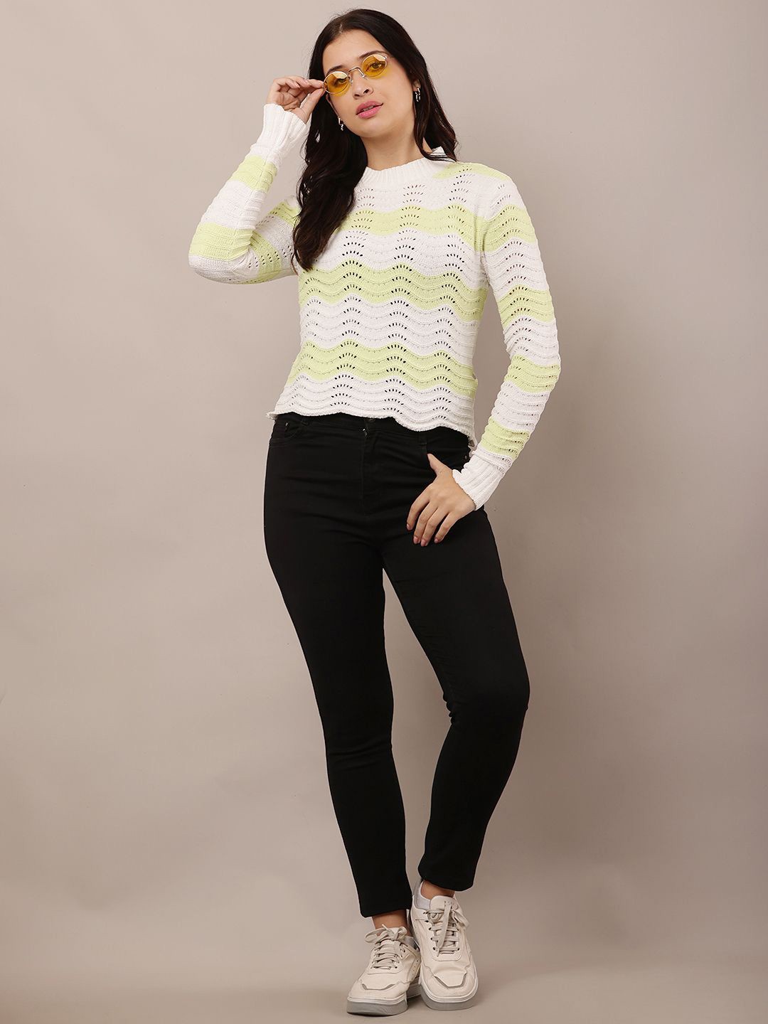 

NoBarr Women Self Design Round Neck Pullover Sweater, Green