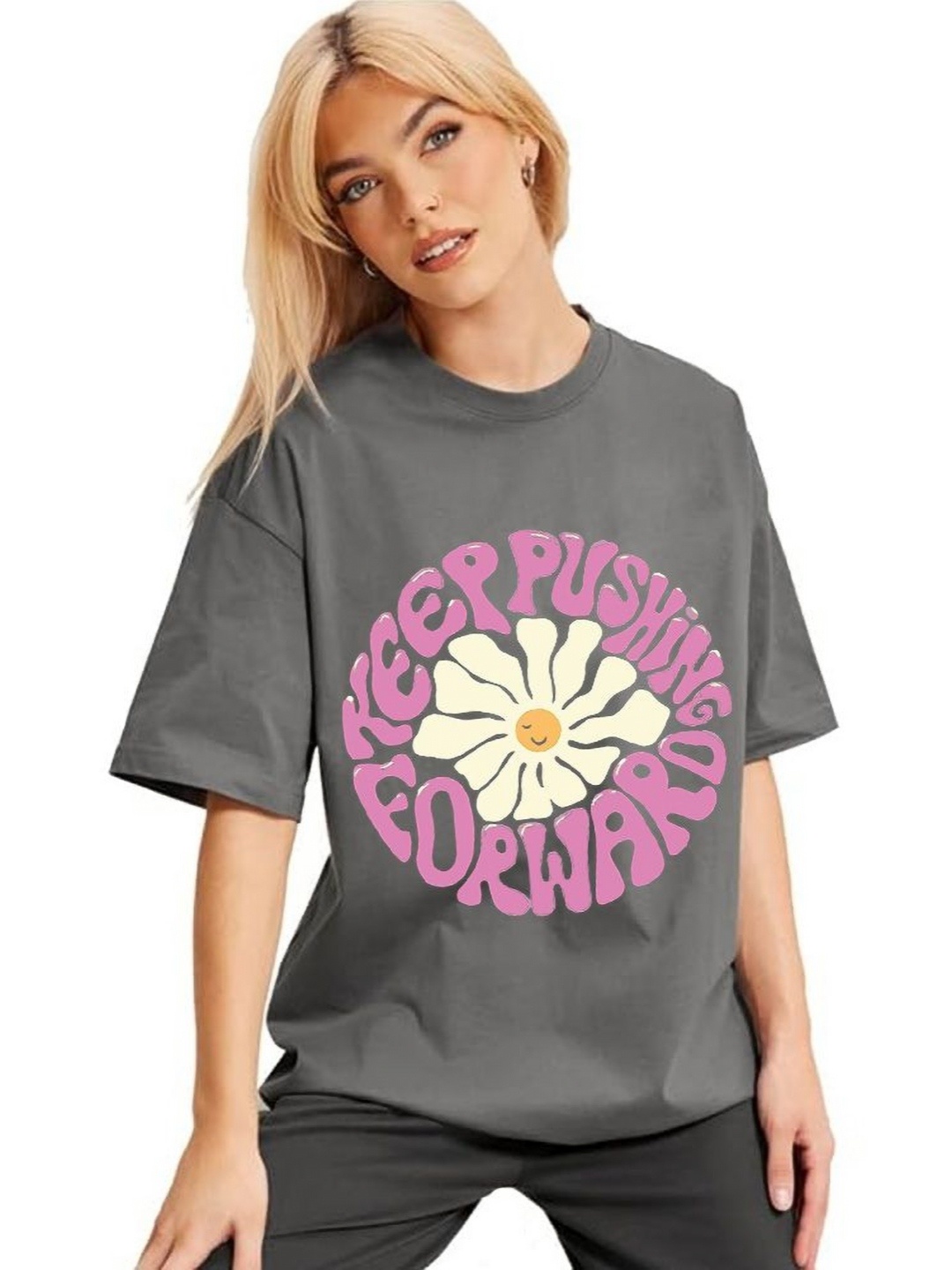 

VIXENLY Women Printed Pockets T-shirt, Grey