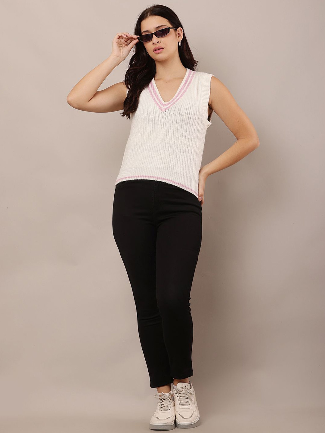 

NoBarr Women Self Design V - Neck Sweater Vest, White