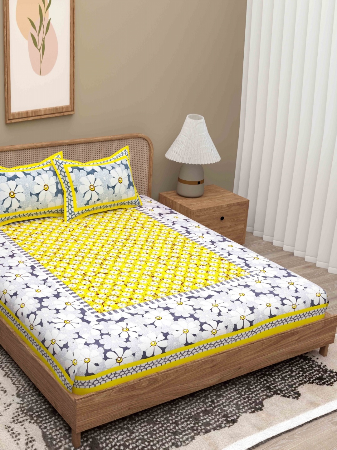 

Lali Prints Yellow & White Floral 180 TC Queen Bedsheet with 2 Pillow Covers