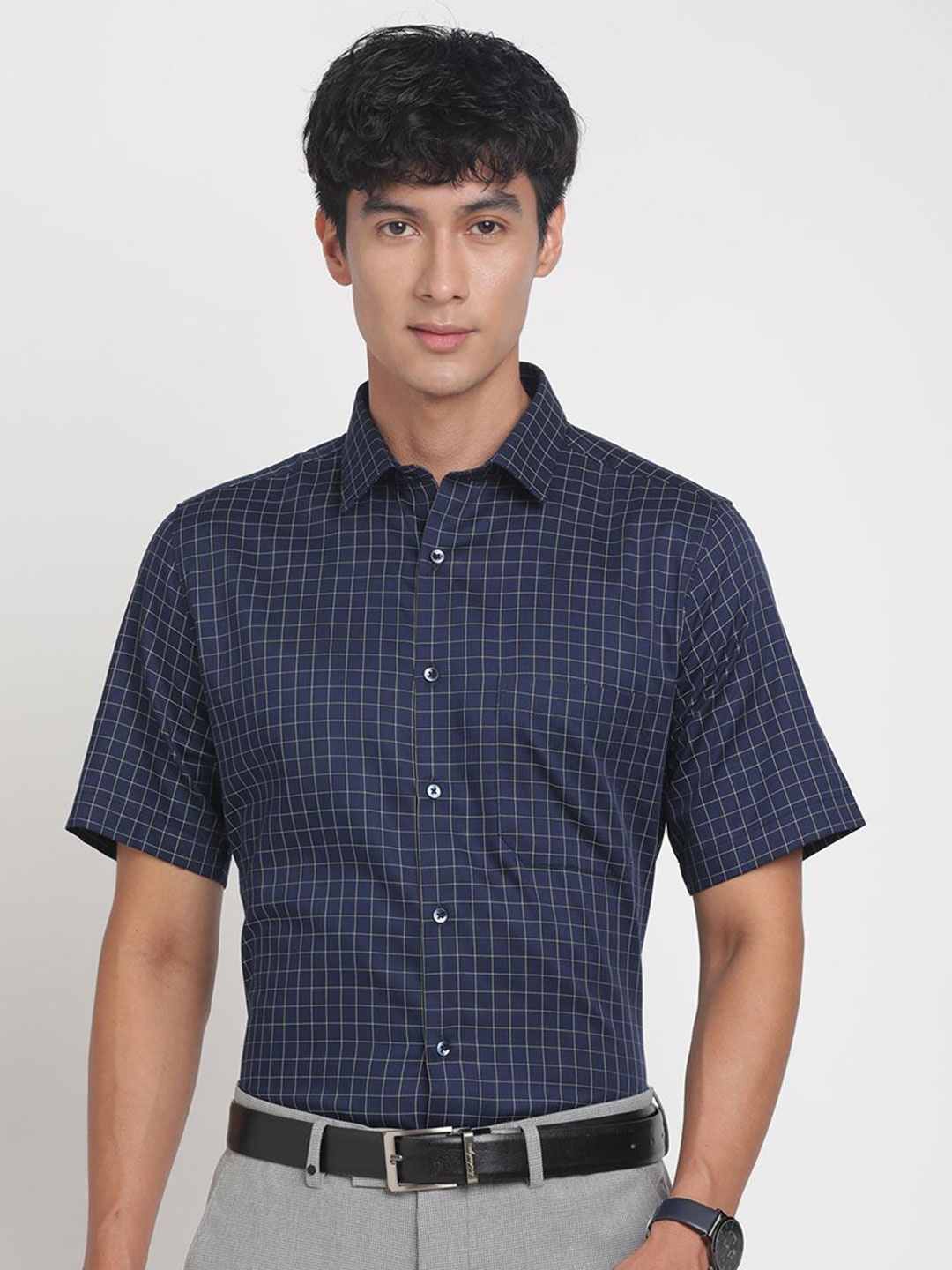

Turtle Men Standard Grid Tattersall Checks Opaque Checked Formal Shirt, Blue