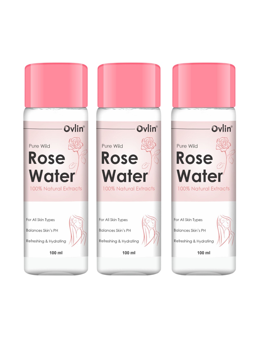 

OVLIN Set Of 3 100% Natural Pure Wild Refreshing & Hydrating Rose Water -100 ml Each, Pink