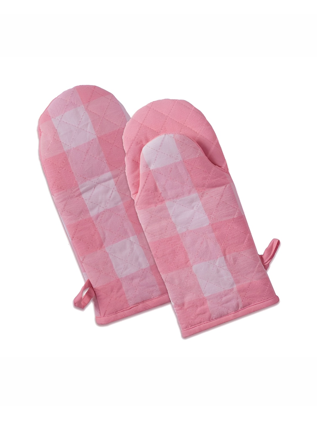 

Lushomes 2-Pcs Pink & White Checked Oven Gloves Heat Proof