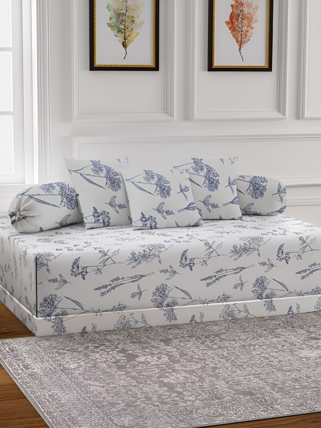 

Arrabi 6-Pcs White & Blue Printed Diwan Set