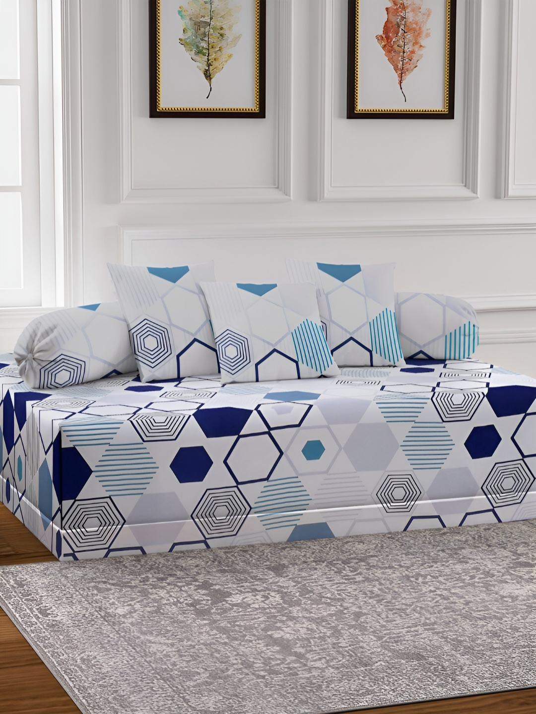 

Arrabi 6-Pcs White & Blue Printed Diwan Set