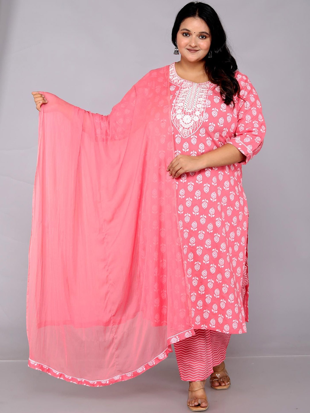 

KALINI Floral Printed Thread Work Pure Cotton Straight Kurta with Trouser & Dupatta, Pink