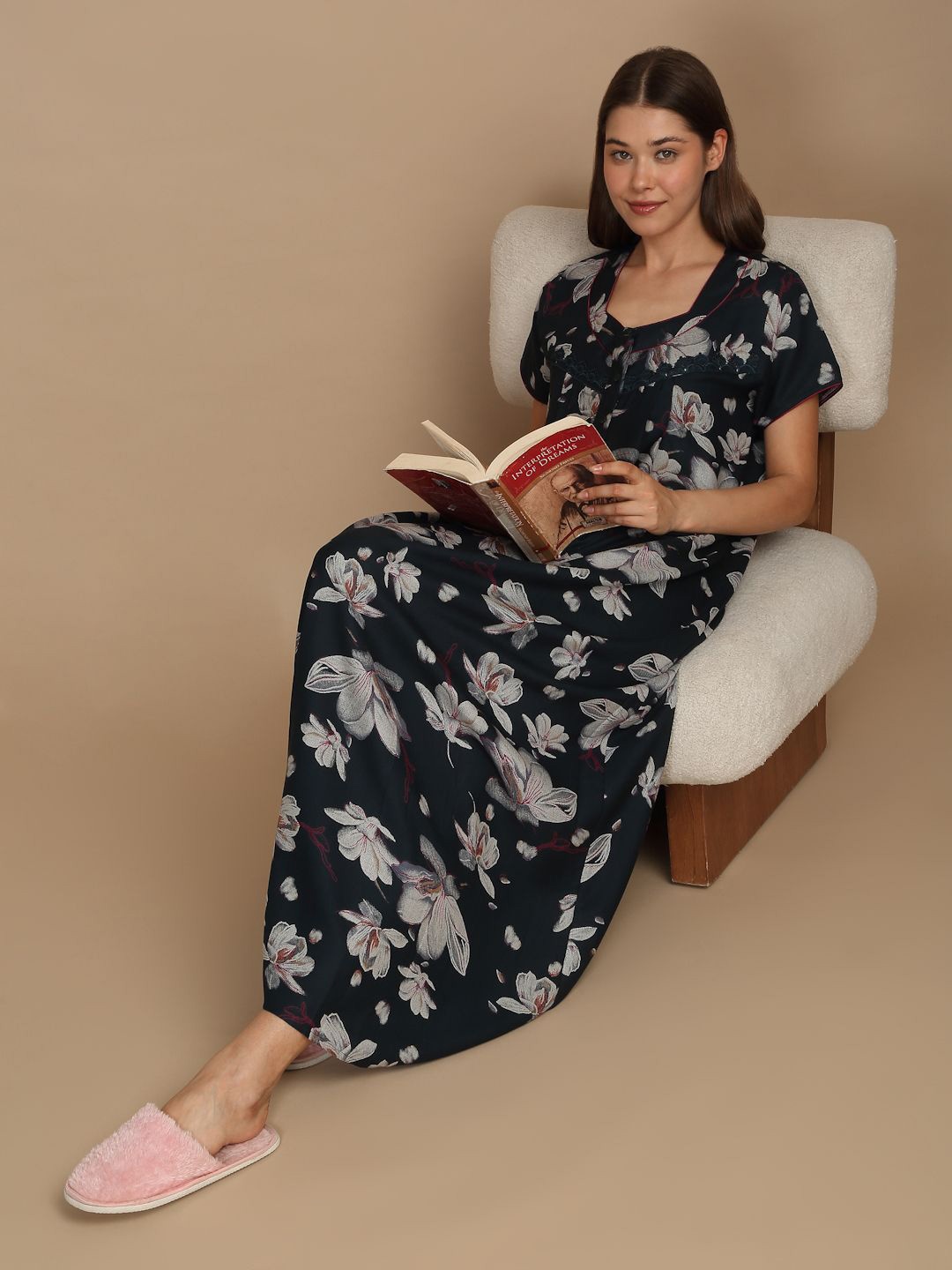 

Sweet Dreams Women Printed Pure Cotton Maxi Nightdress, Navy blue