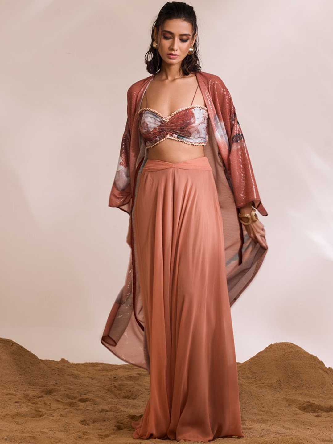 

DIVYA AGGARWAL Shoulder Straps Embellished Top with Palazzo and shrug, Rust