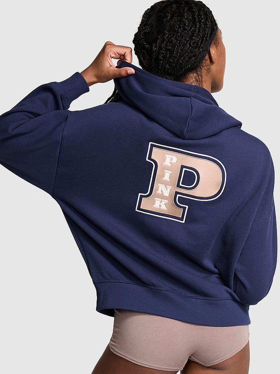 

Victoria's Secret Women Typography Printed Front-Open Hooded Sweatshirt, Blue