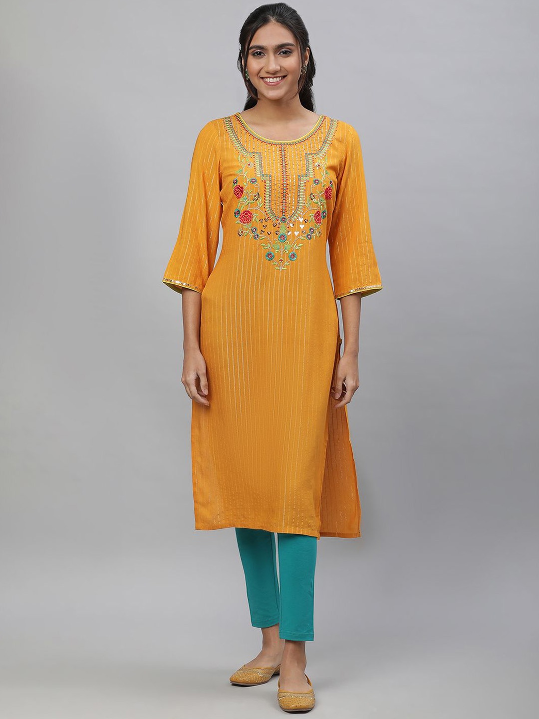 

AURELIA Women Striped Thread Work Kurta, Yellow