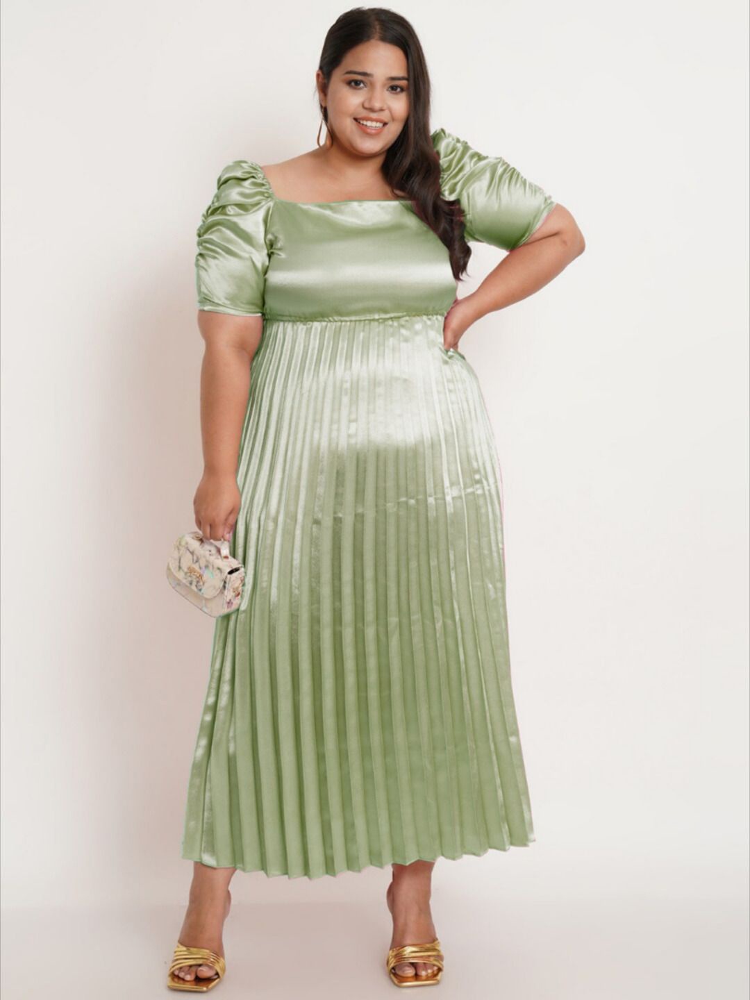 

U&F Puff Sleeve Satin Fit & Flare Maxi Dress, Green