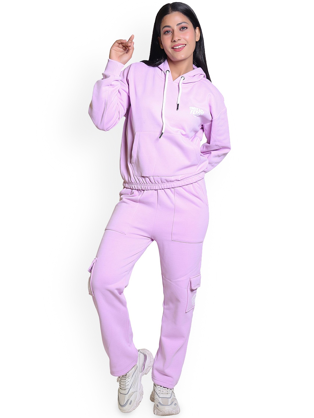 

Divine Girl Women Hooded Printed Long Sleeves Mid-Rise Tracksuits, Lavender