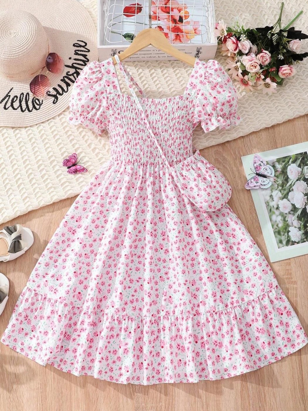 

Miss & Chief Girls Floral Printed Smocked Cotton Fit & Flare Maxi Dress, Pink