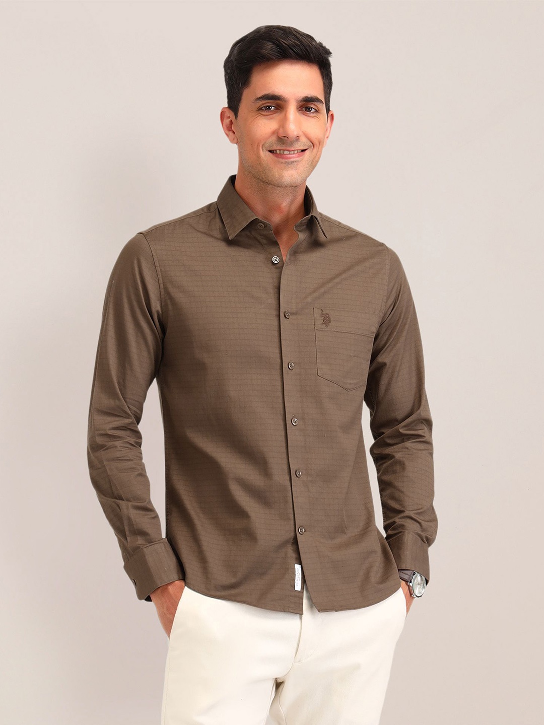 

U.S. Polo Assn. Men Classic Tailored Fit Opaque Checked Casual Shirt, Brown