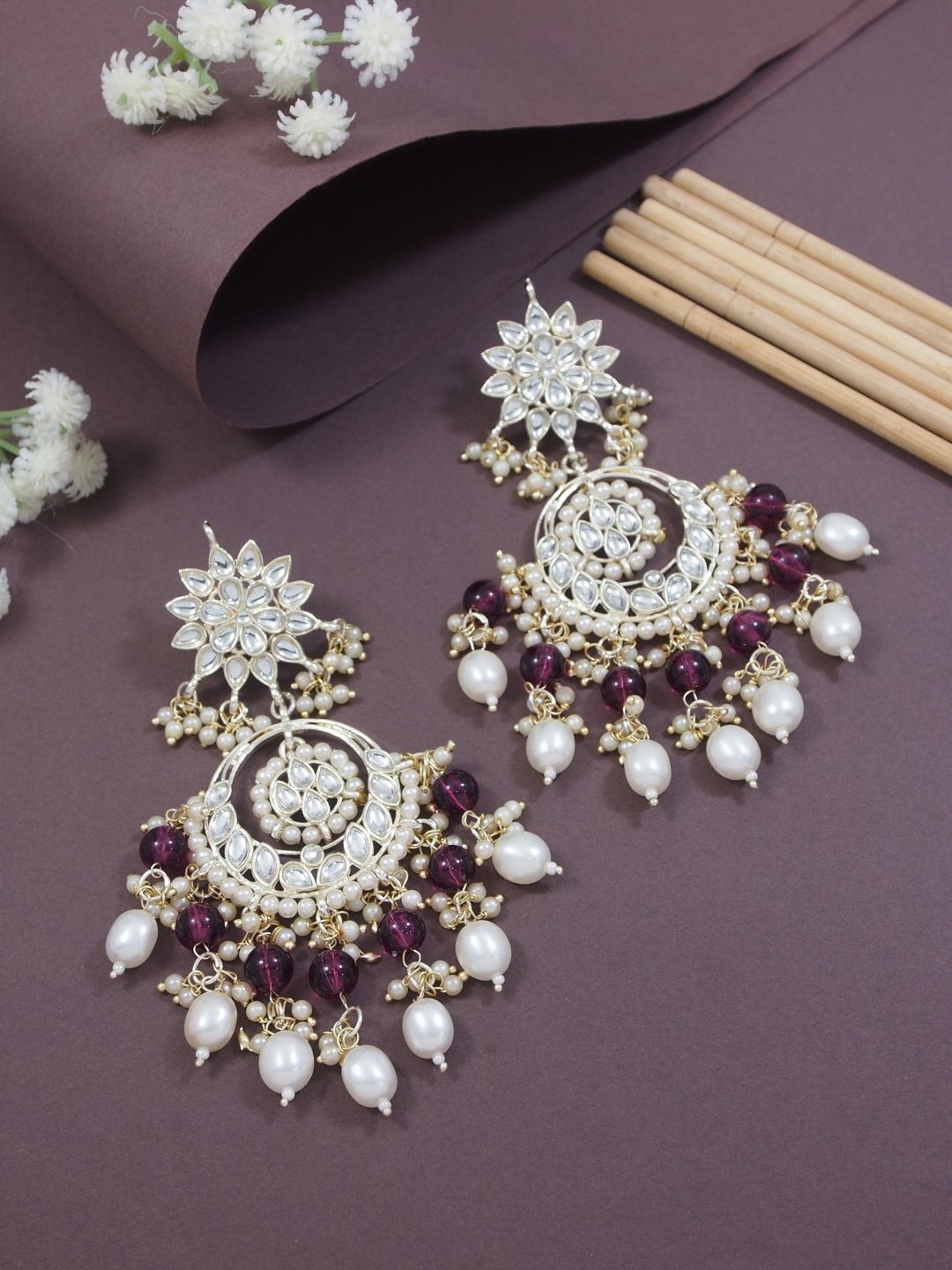 

I Jewels Gold-Plated Kundan & Pearl Contemporary Chandbalis