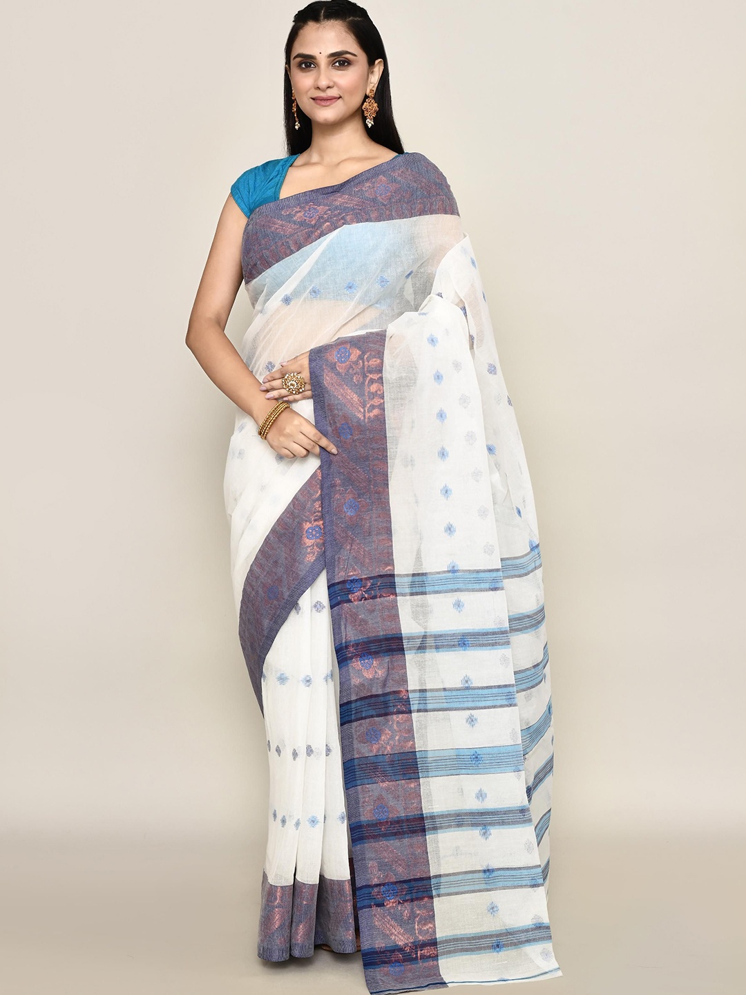 

PUKU Woven Design Pure Cotton Taant Saree, Off white