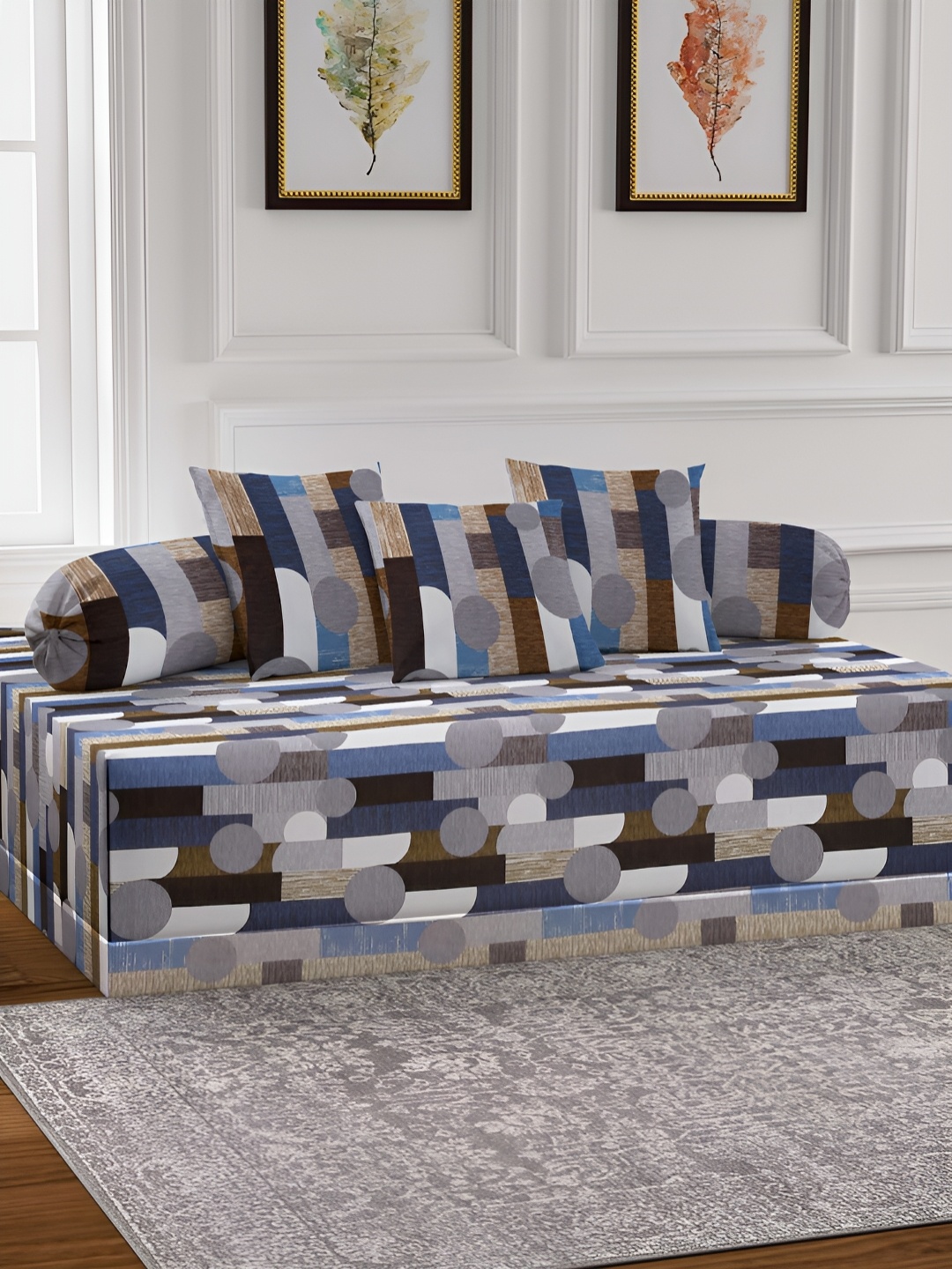 

Arrabi 6-Pcs White & Blue Printed Diwan Set, Grey