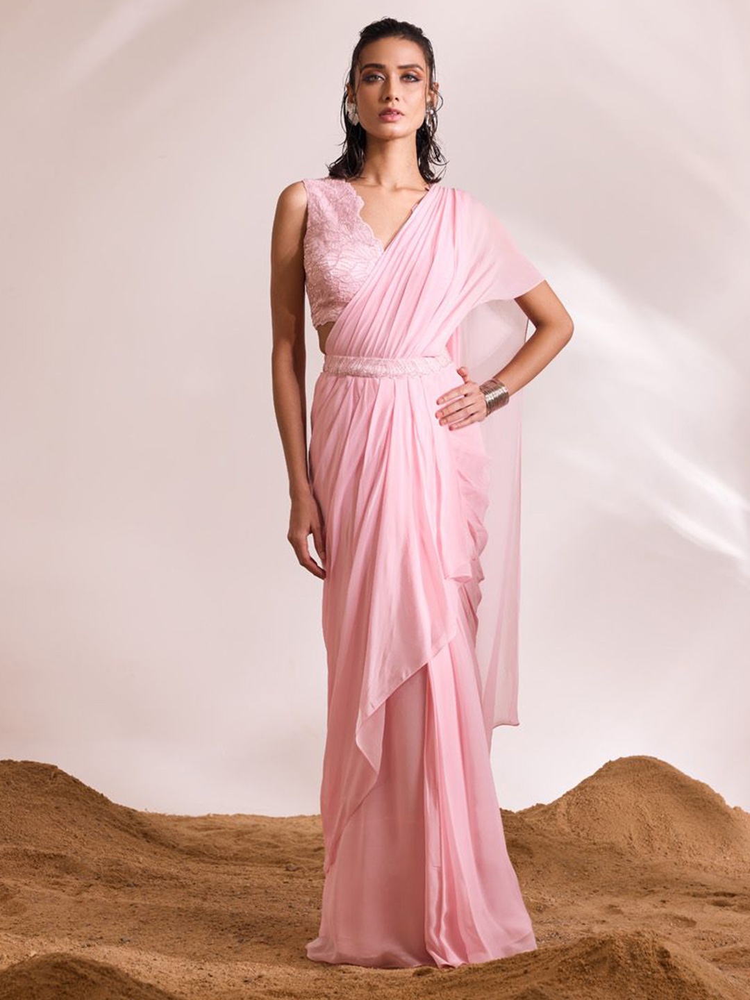 

DIVYA AGGARWAL Beads and Stones Lehenga Saree, Pink