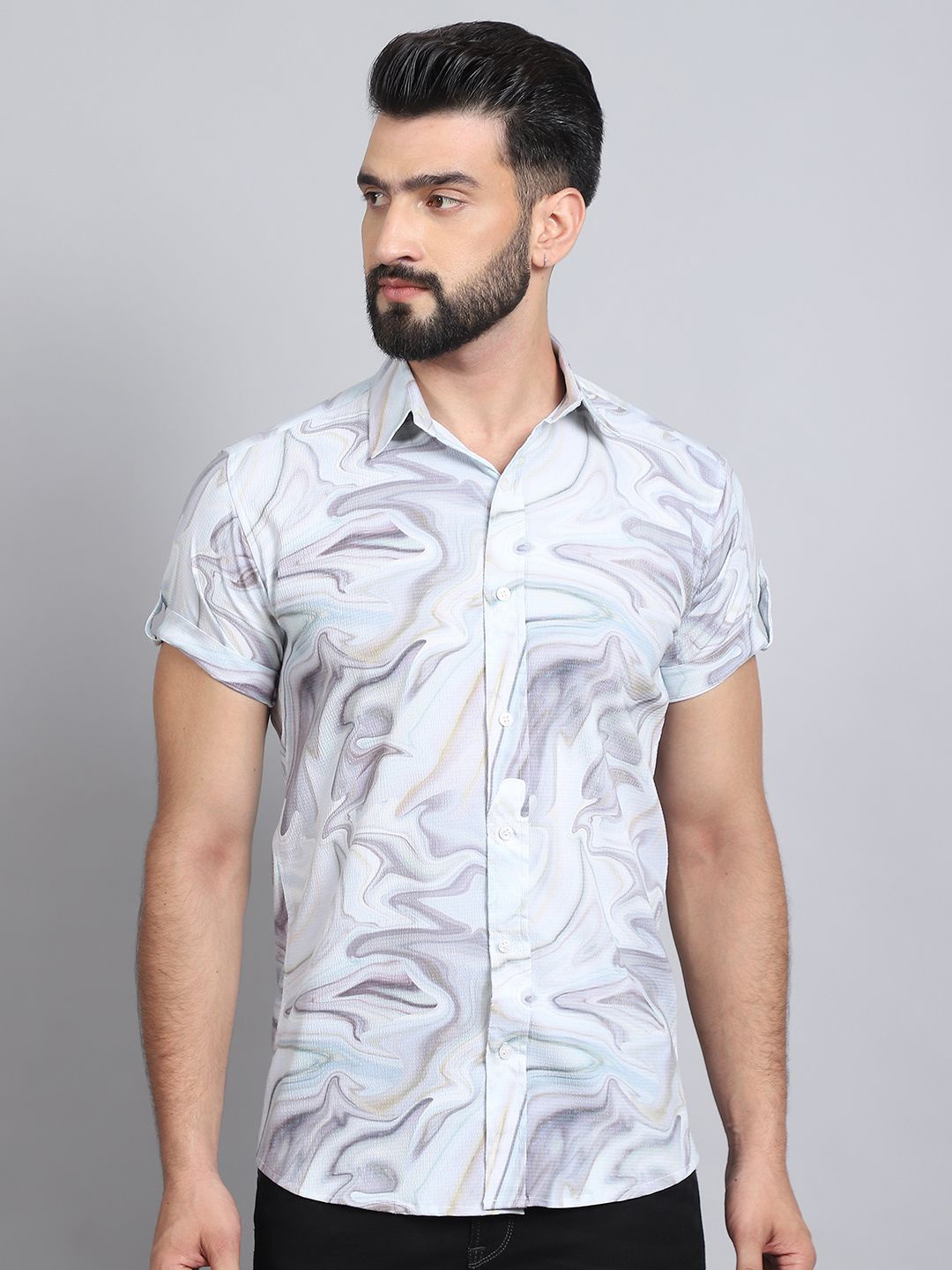

Tanip Men Floral Sheer Printed Casual Shirt, Cream