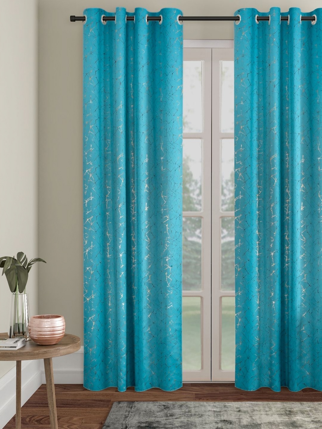 

SOKNACK Turquoise Blue & Black Geometric Printed Eyelet Long Door Curtain