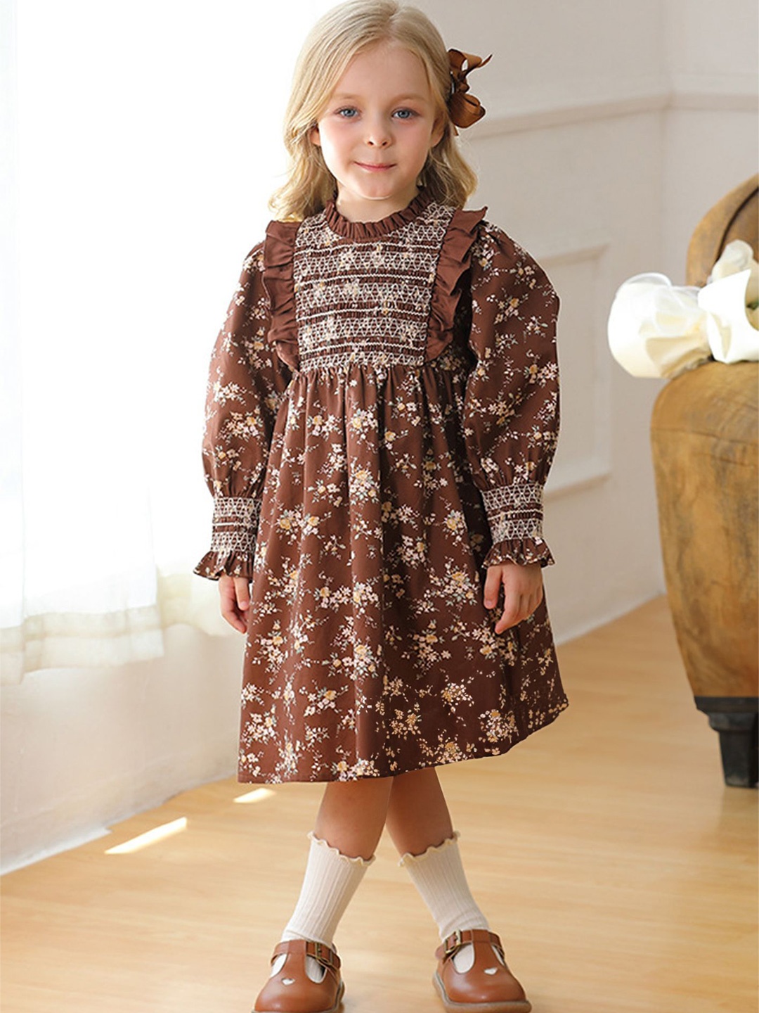 

LULU & SKY Girls Cotton Floral Printed Fit and Flare Dress, Brown