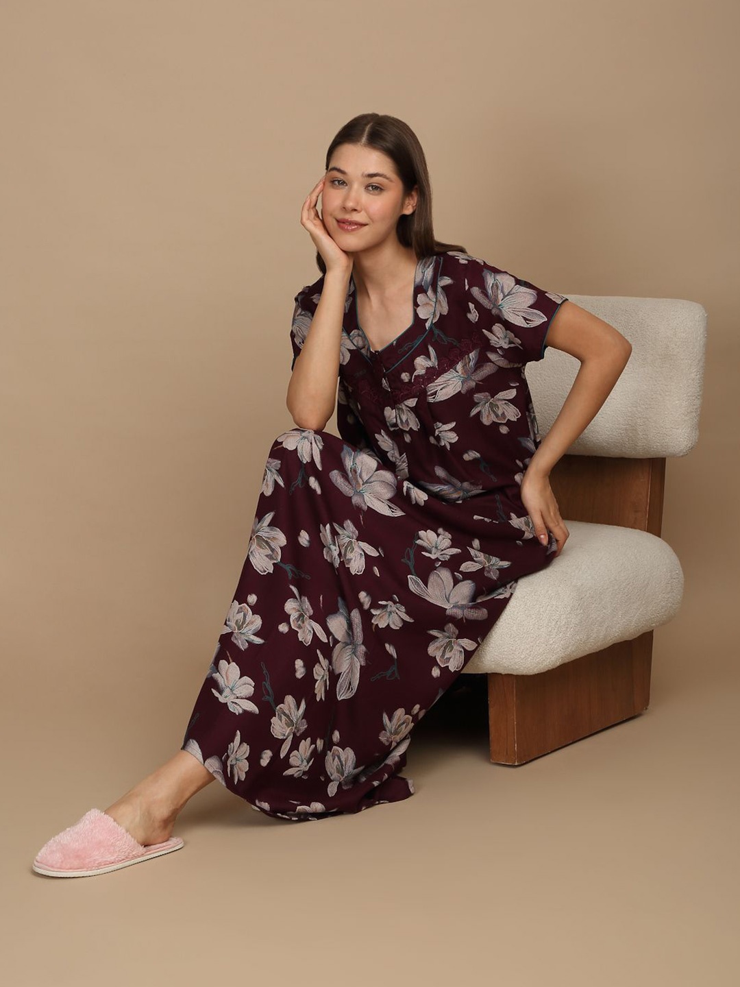 

Sweet Dreams Women Floral Printed Pure Cotton Maxi Nightdress, Burgundy