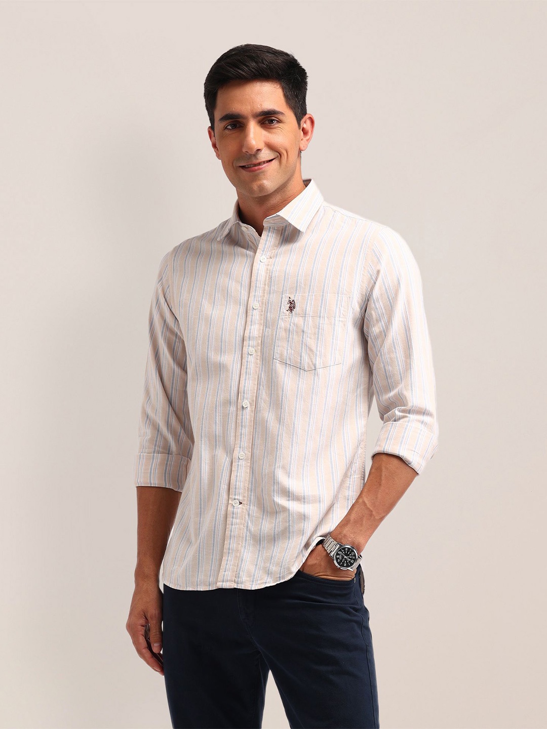 

U.S. Polo Assn. Men Classic Tailored Fit Opaque Striped Casual Shirt, Beige