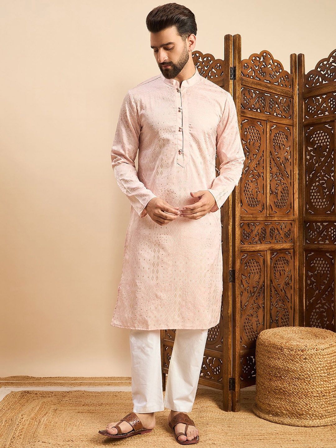 

House of Pataudi Self Design Straight Kurta, Pink