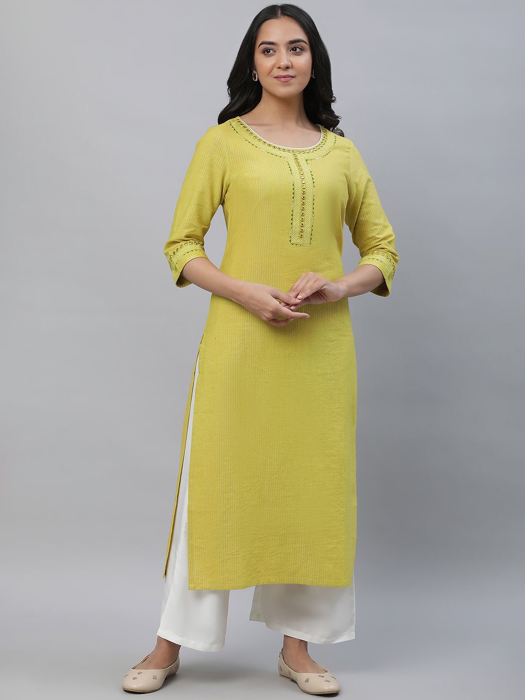 

AURELIA Women Striped Gotta Patti Kurta, Yellow