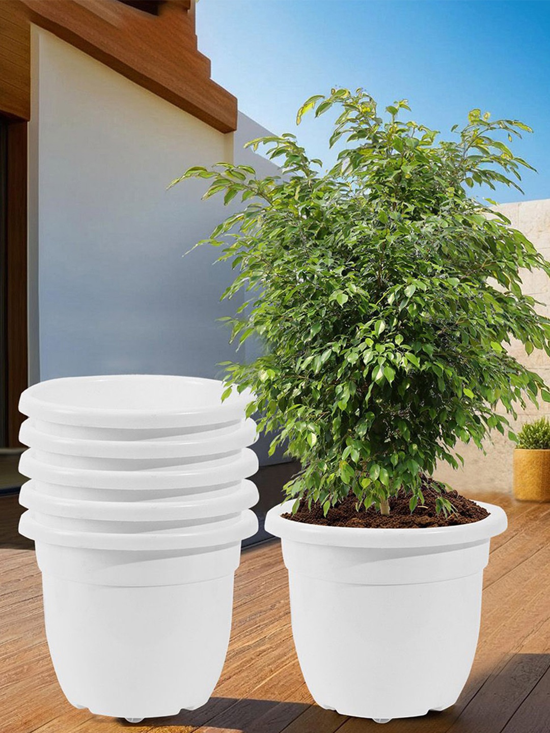 

Kuber Industries White 6 Pieces Flower Pot With Removable Wheels