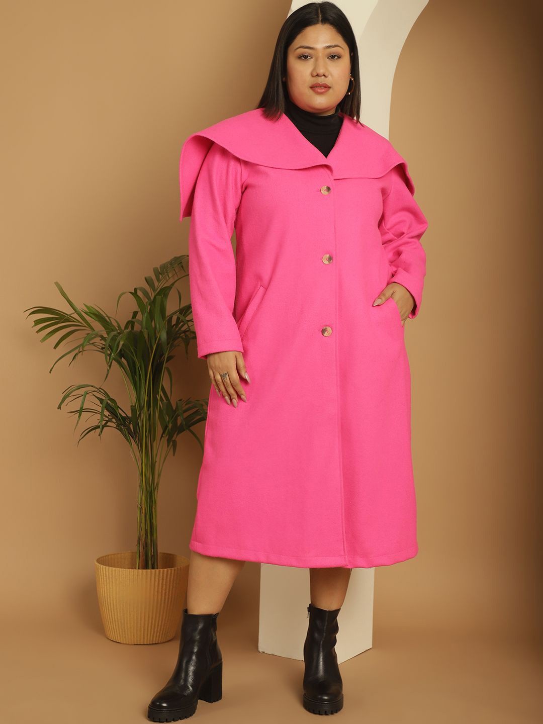 

theRebelinme Women Plus Size Single-Breasted Longline Overcoat, Pink