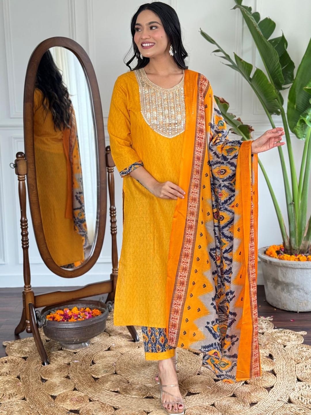 

KALINI Geometric Yoke Design Sequinned Straight Kurta with Trouser & Dupatta, Yellow