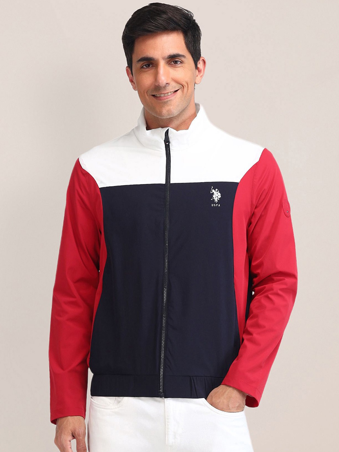 

U.S. Polo Assn. Men Brand Logo Colourblocked Bomber Jacket, Blue