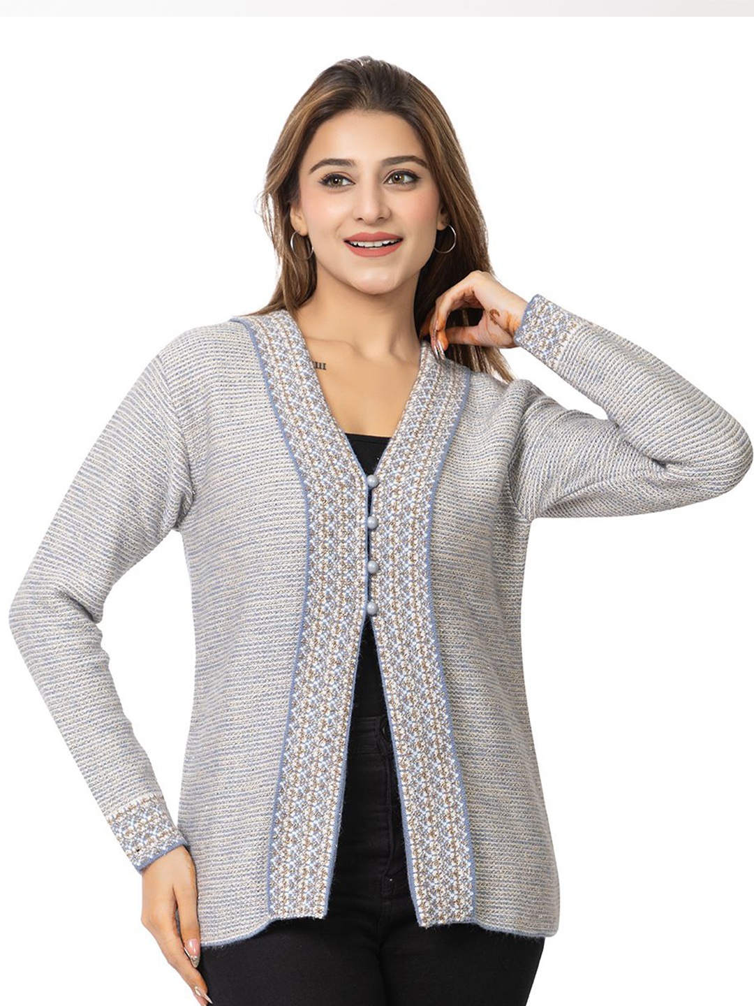 

TWENTY ME Women Embroidered Cardigan with Embroidered Detail, Grey