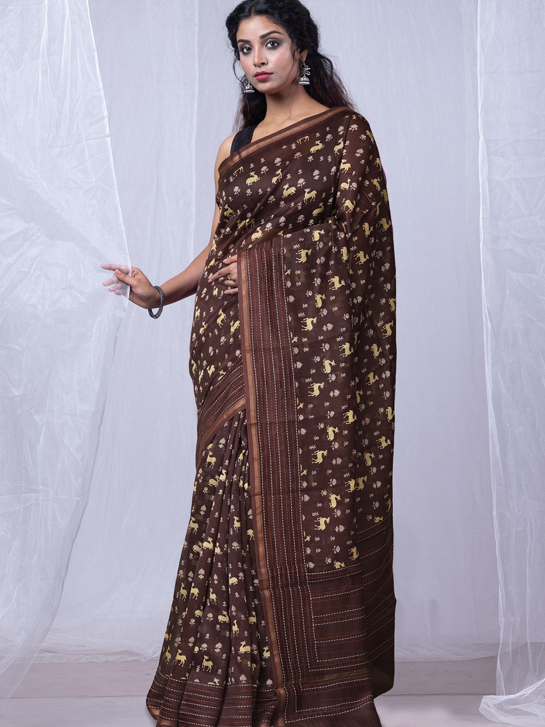 

Unnati Silks Zari Silk Cotton Handloom Chanderi Saree, Brown