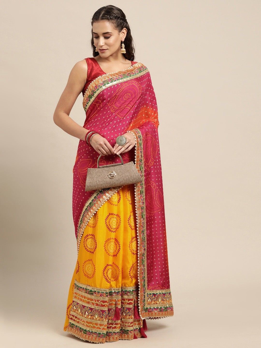 

KALINI Bandhani Embroidered Pure Chiffon Bandhani Saree, Yellow