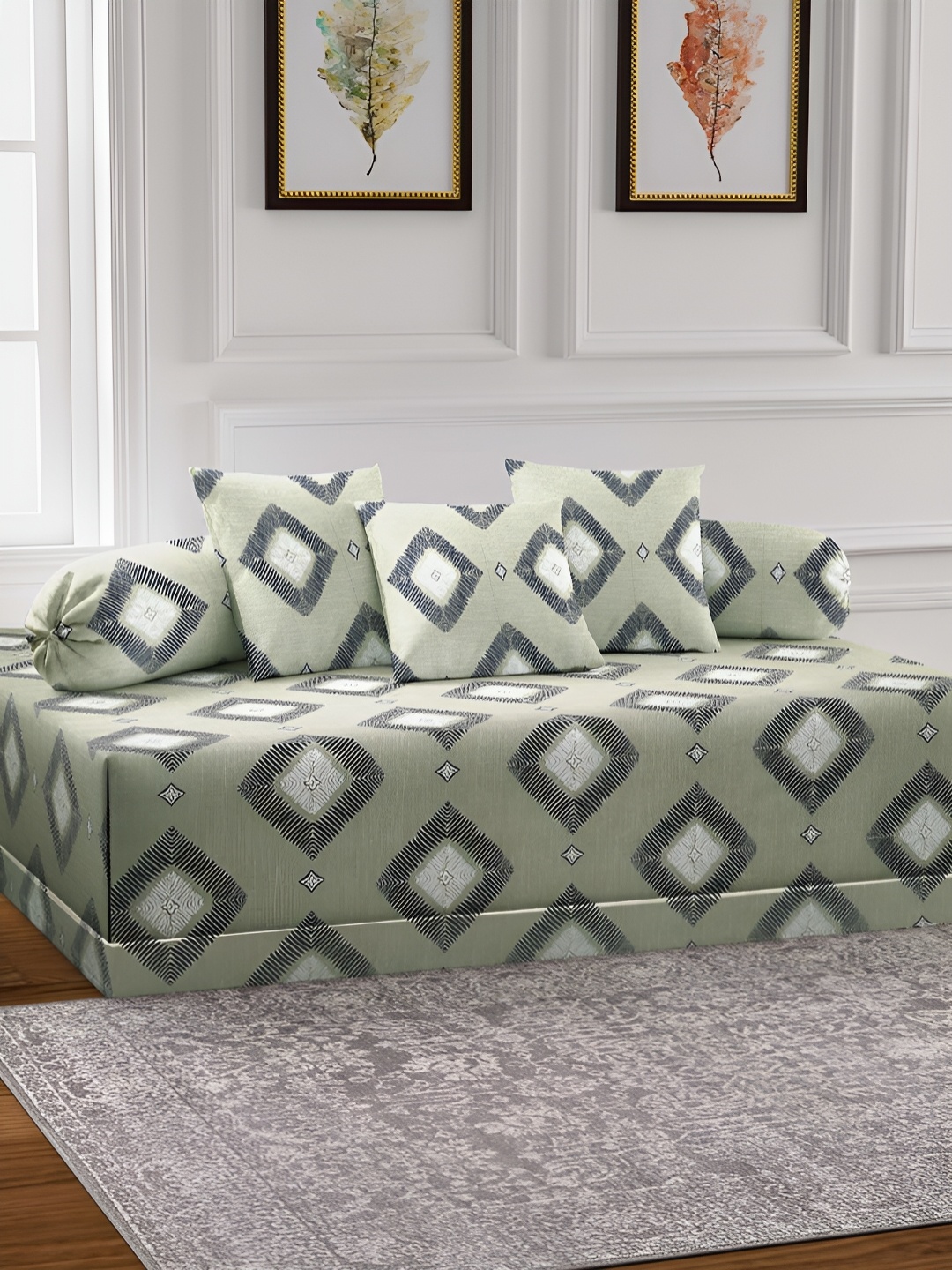 

Arrabi 6-Pcs Olive-Green & Blue Printed Diwan Set