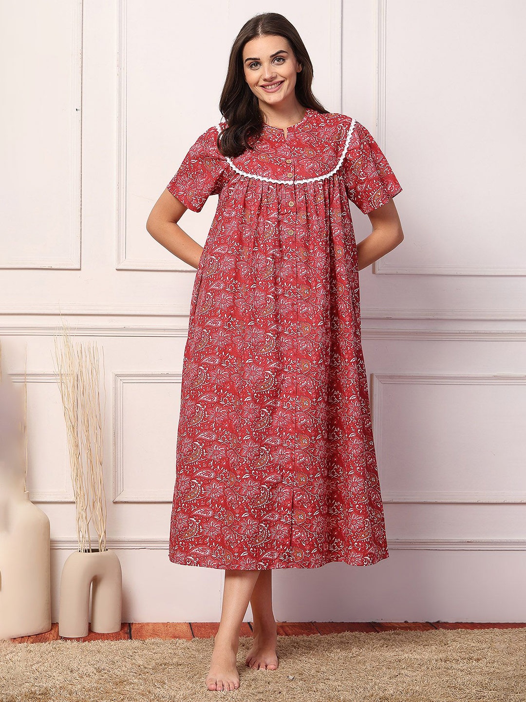 

House Of Zelena Cotton Printed Maternity Zipless Nightdress, Red