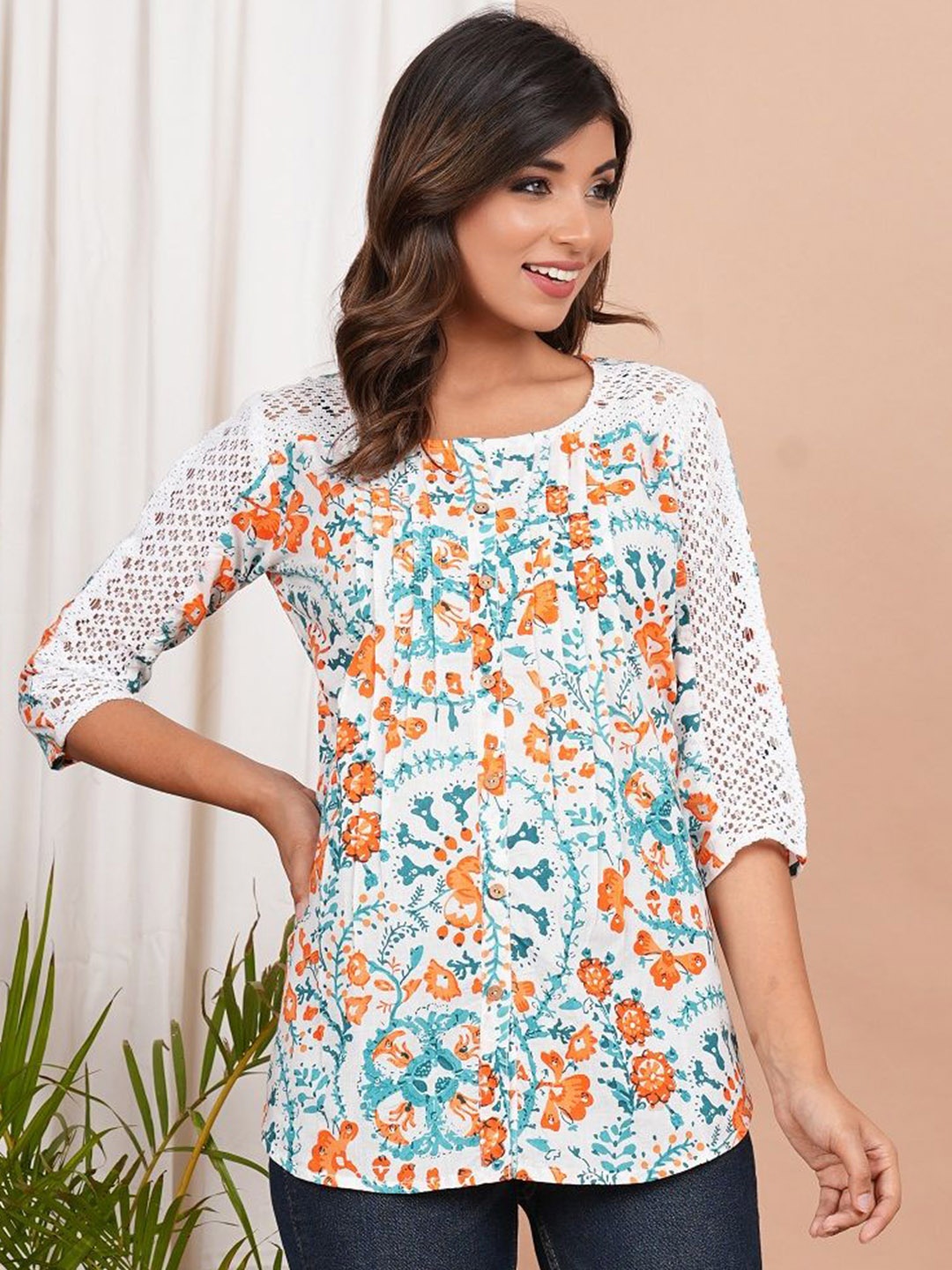

CRENOL THREADS Floral Print Cotton Top, Orange