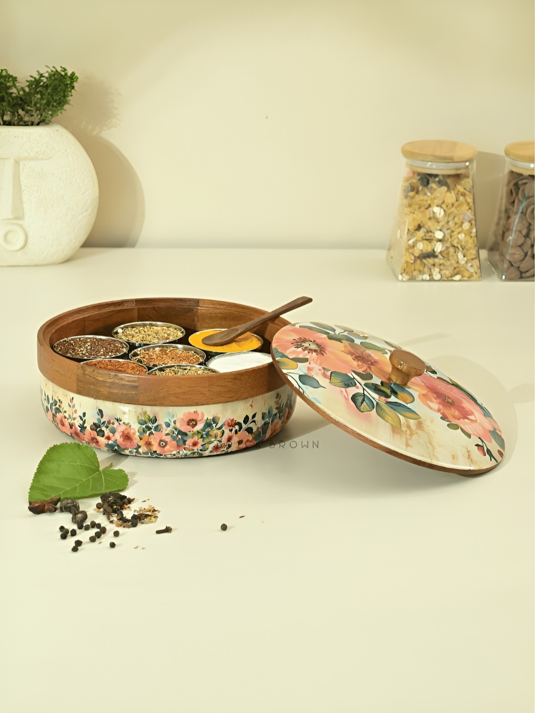 

BRICK BROWN Cream Flora Printed Masala Box Spice Box
