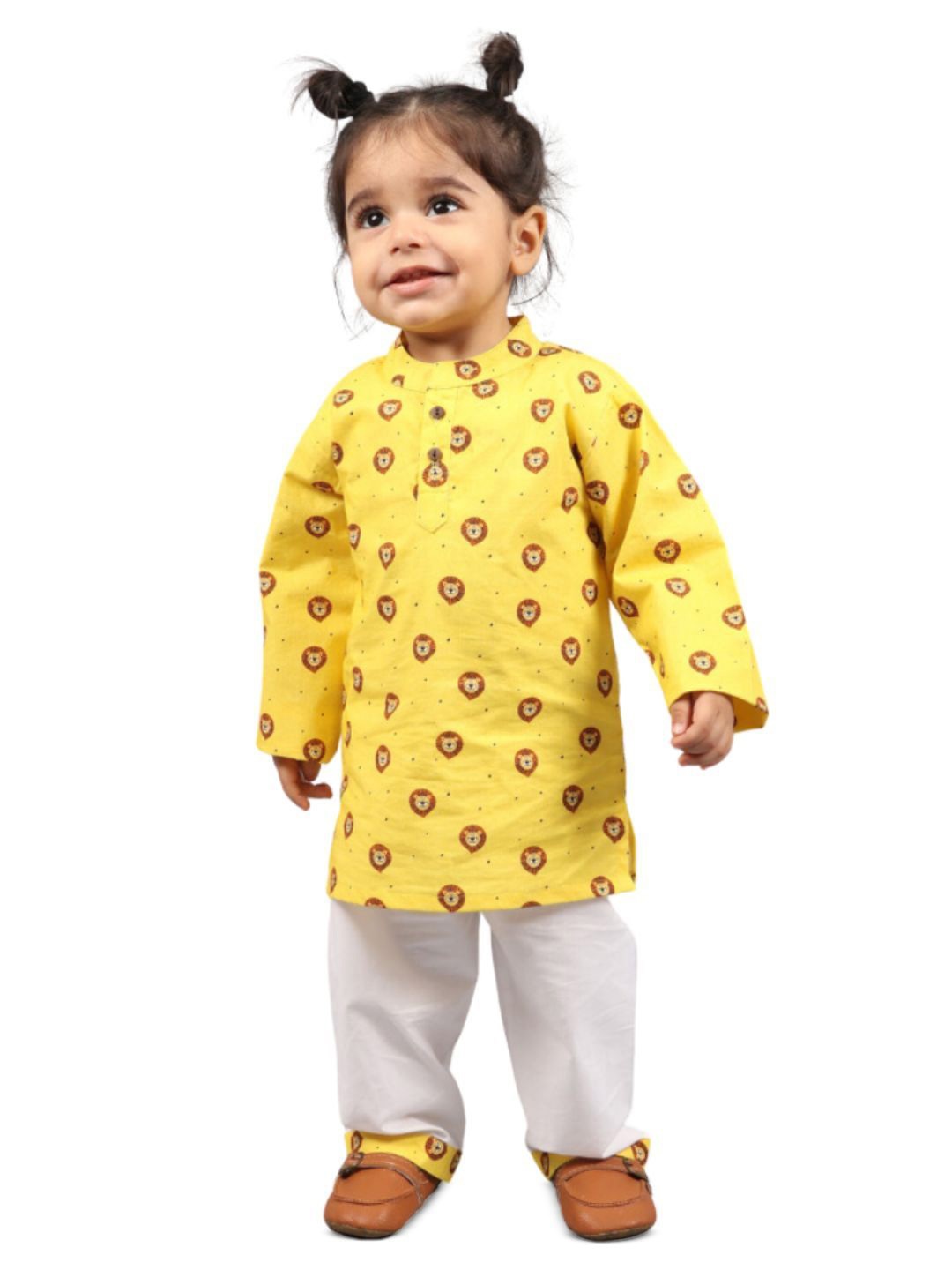 

MAMA AND PEACHES Kids Animal Printed Pure Cotton Kurta with Trouser, Yellow