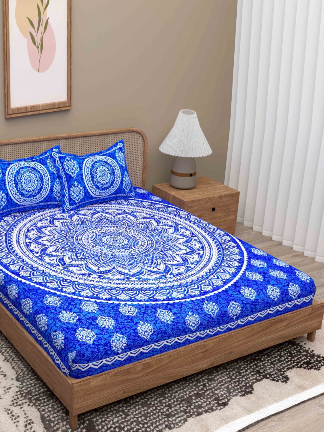 

Lali Prints Blue & White Geometric 180 TC Queen Bedsheet with 2 Pillow Covers