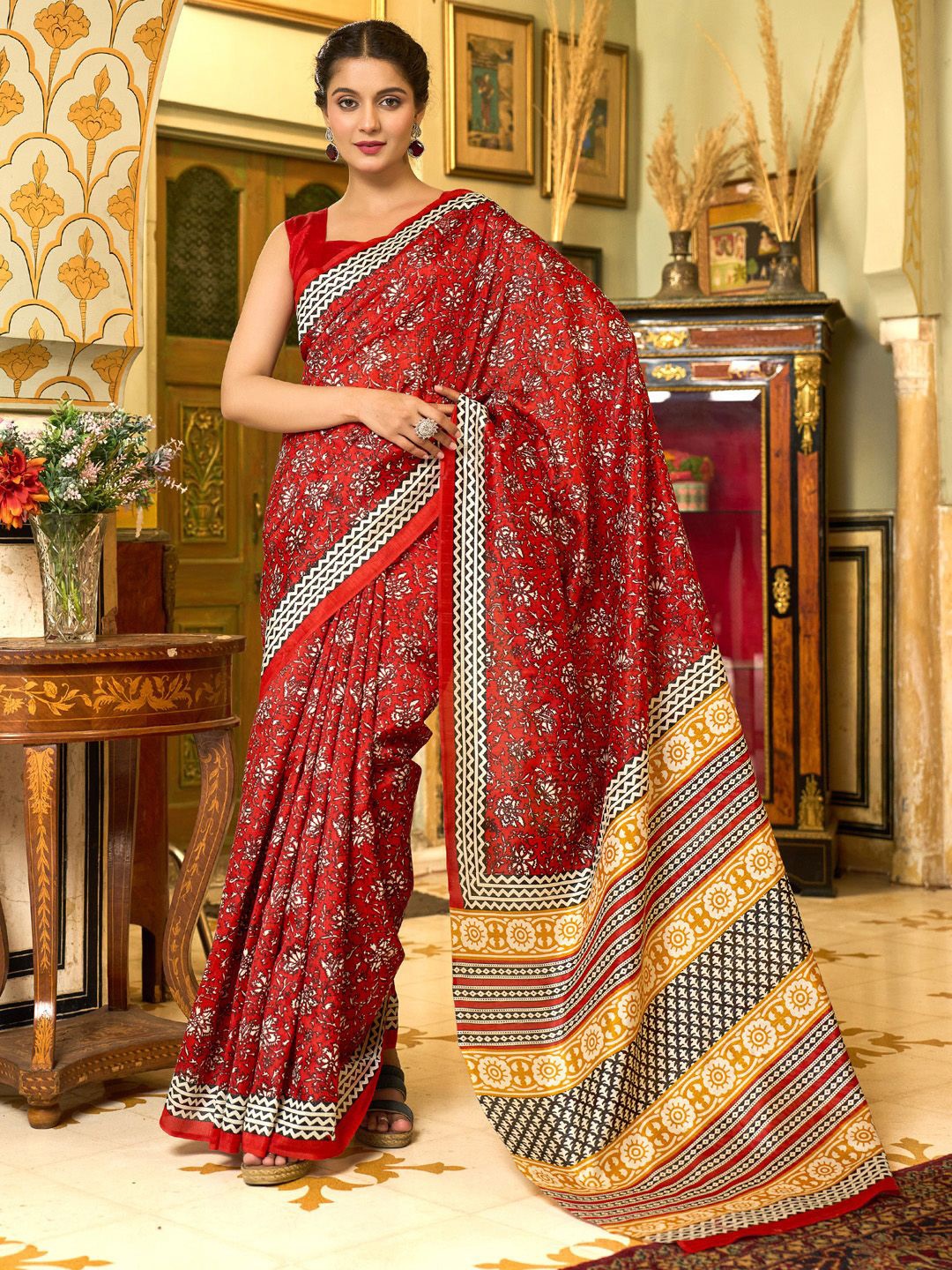 

KALINI Ethnic Motifs Silk Blend Designer Block Print Saree, Red