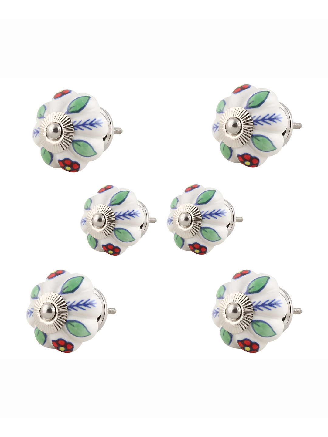 

Indianshelf White & Green 6 Pieces Floral Printed Ceramic Knobs