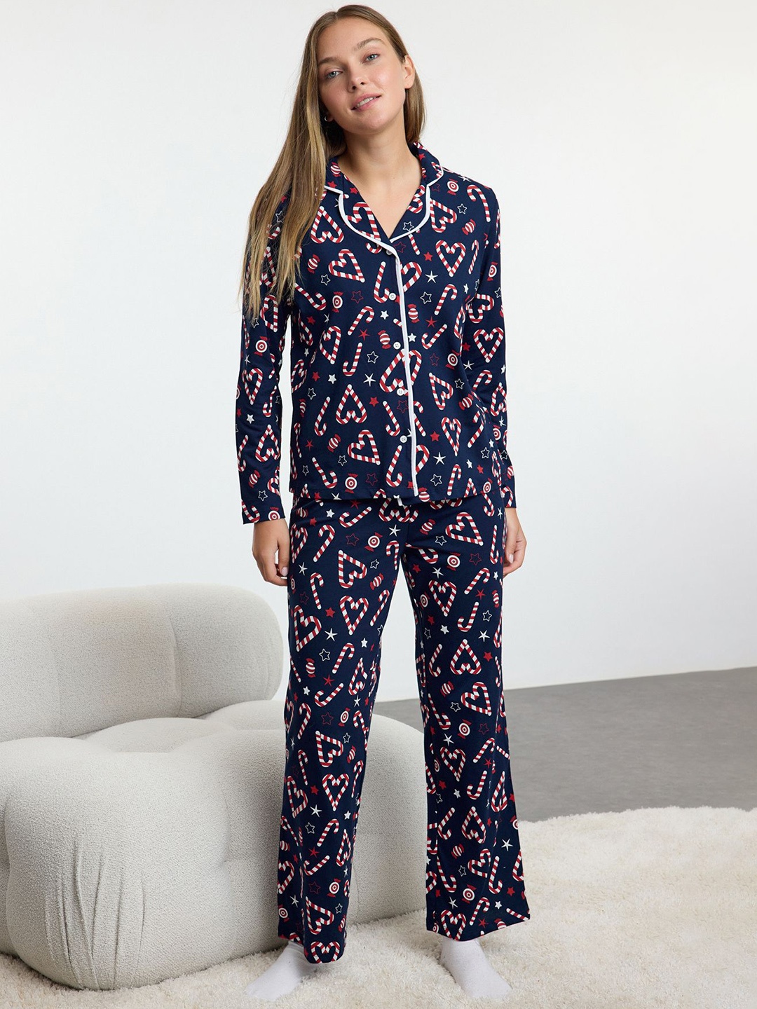 

Trendyol Women Printed Night suit, Navy blue