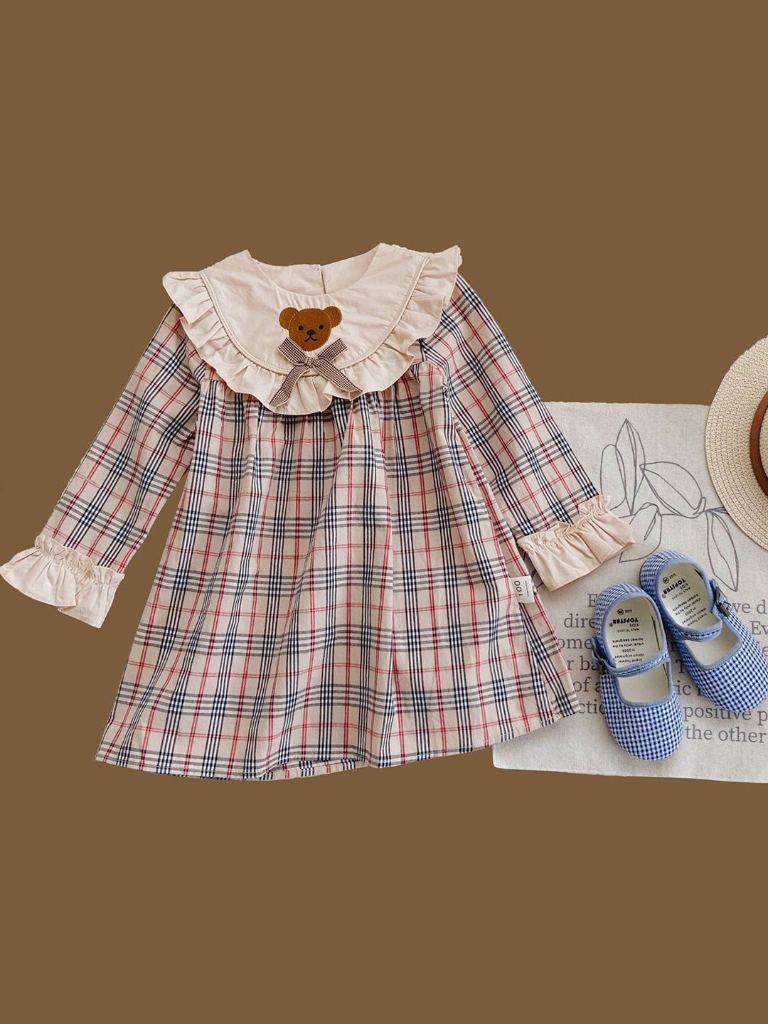 

LULU & SKY Girls Checked Cotton Bell Sleeve A-Line Dress, Beige