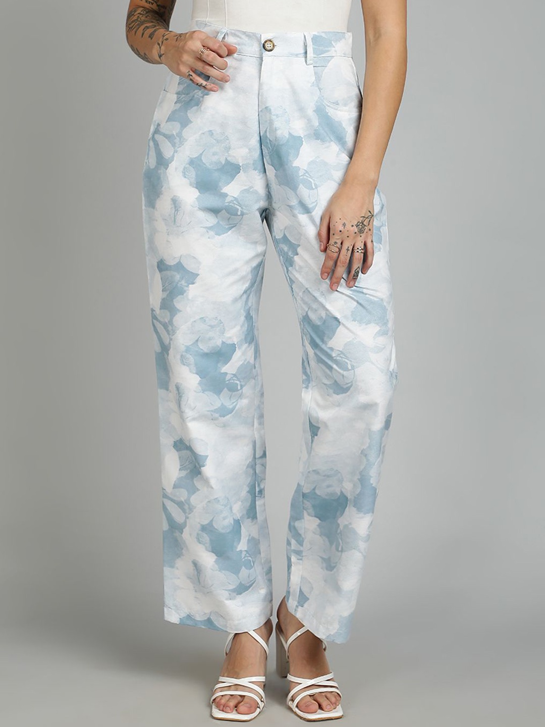 

Kotty Women Cotton Printed Straight Fit High-Rise Easy Wash Trousers, Blue