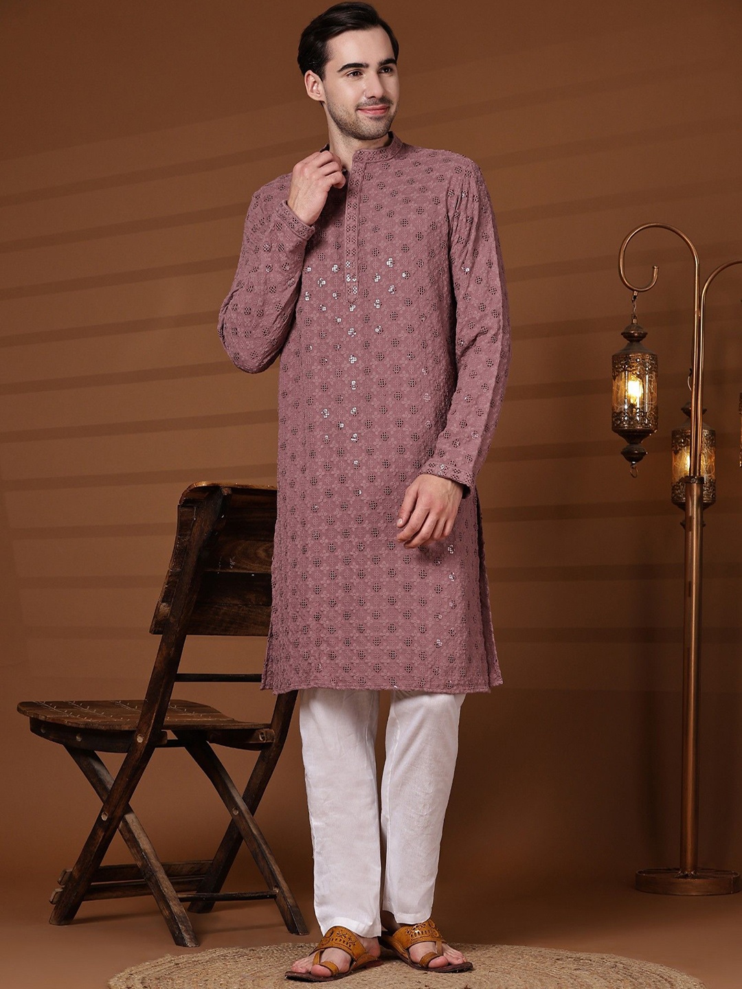 

SKAVIJ Mandarin Collar Floral Embroidered Sequinned Kurta with Trouser, Brown